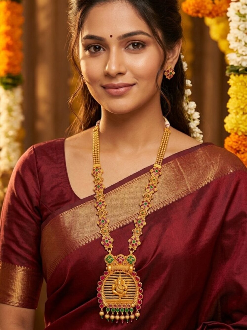 Traditional Gold Temple Jewelry Set: Long Haram Necklace Ganesh Ji.